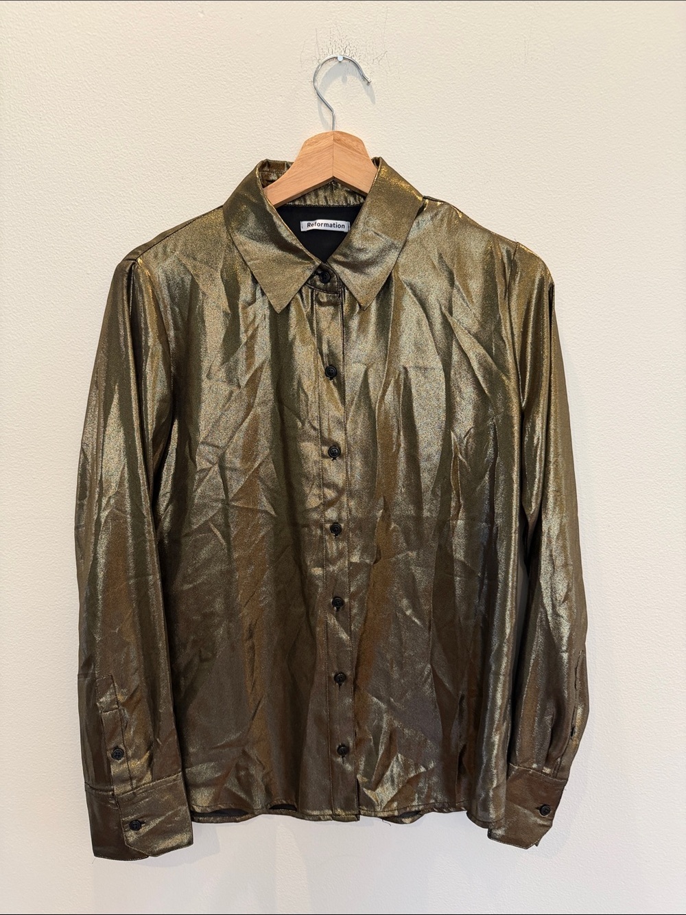 Reformation Nolan Top Metallic Gold Button-Up Shirt Jacket - Picture 2 of 9